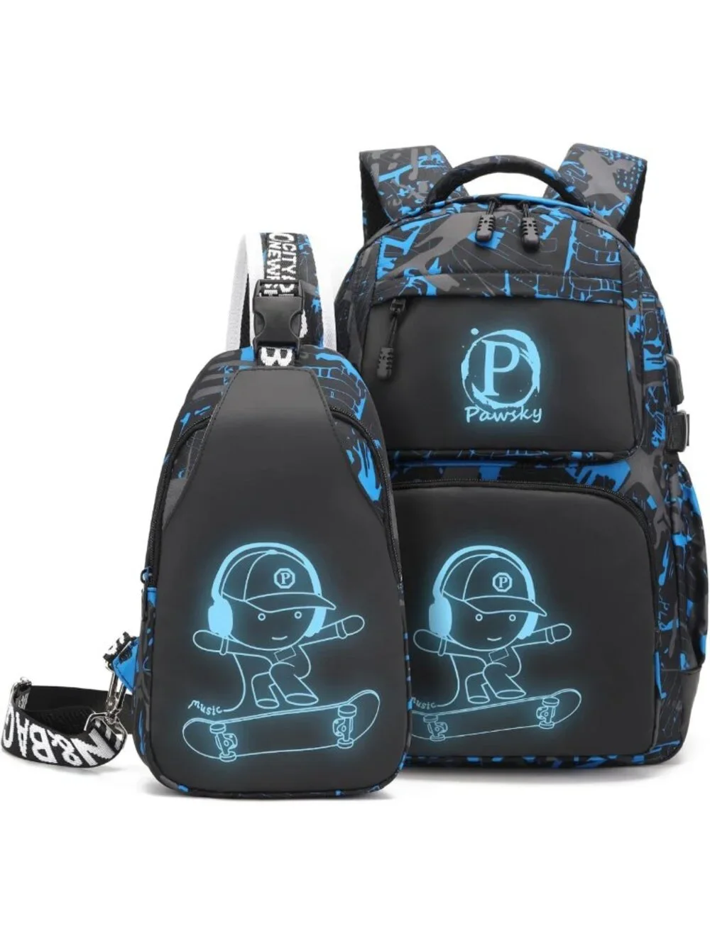 Lightweight School Backpack for Boys, Casual Daypack & Sling Bag Set, Blue